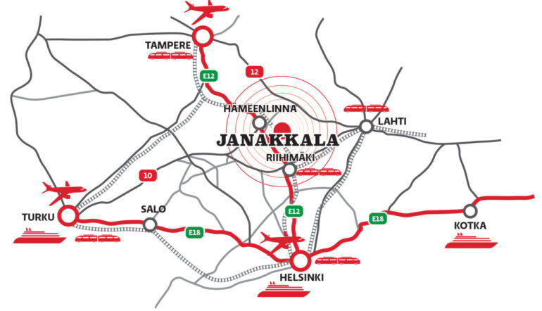 Graafinen kartta Janakkalan sijainnista, jossa näkyy etäisyydet Helsinkiin, Turkuun ja Tampereelle.